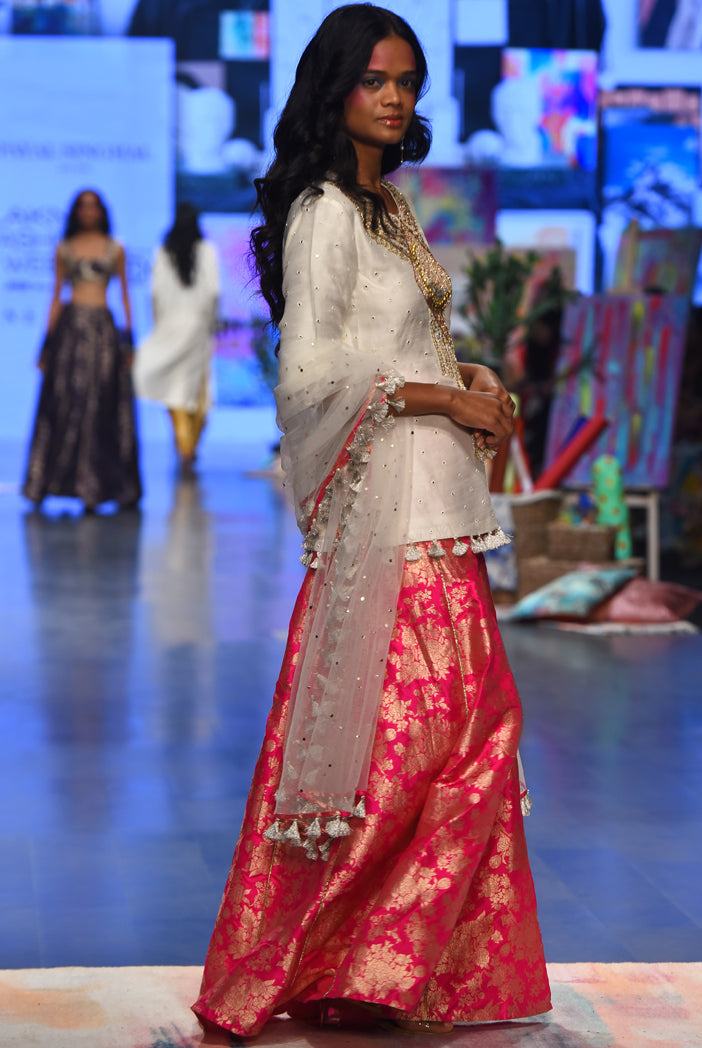 Amaya Off White Abla Silk Embroidered Yoke Kurta With Hot Pink Brocade Sharara And Off White Mukaish Net Dupatta