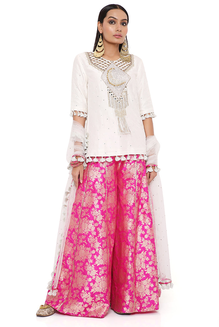 Amaya Off White Abla Silk Embroidered Yoke Kurta With Hot Pink Brocade Sharara And Off White Mukaish Net Dupatta