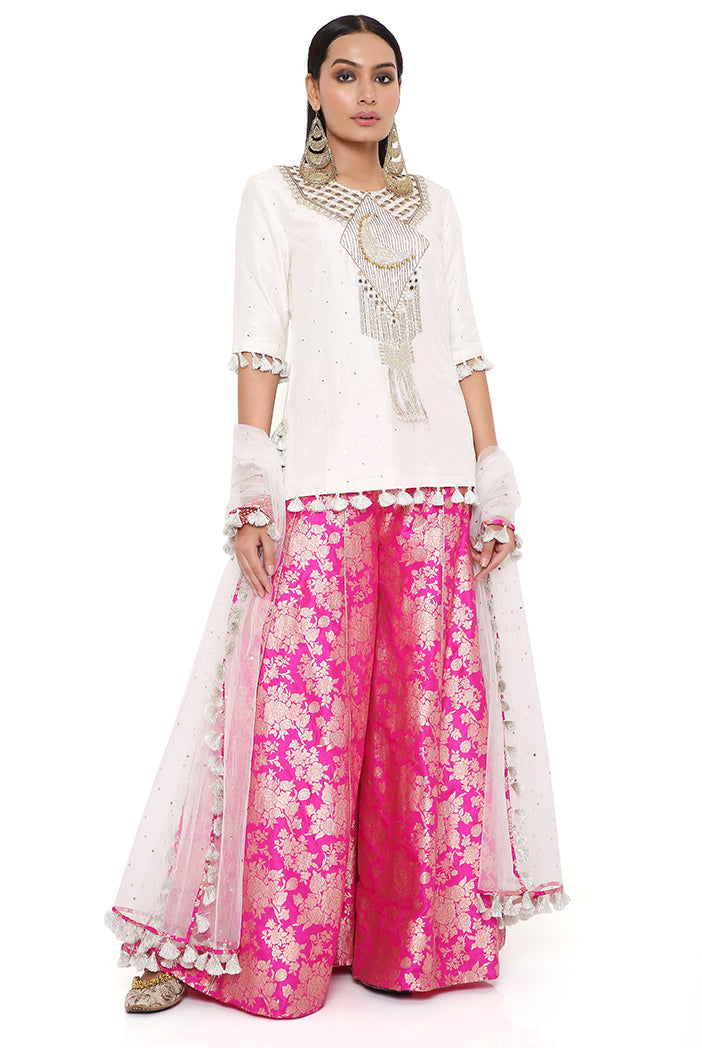 Amaya Off White Abla Silk Embroidered Yoke Kurta With Hot Pink Brocade Sharara And Off White Mukaish Net Dupatta