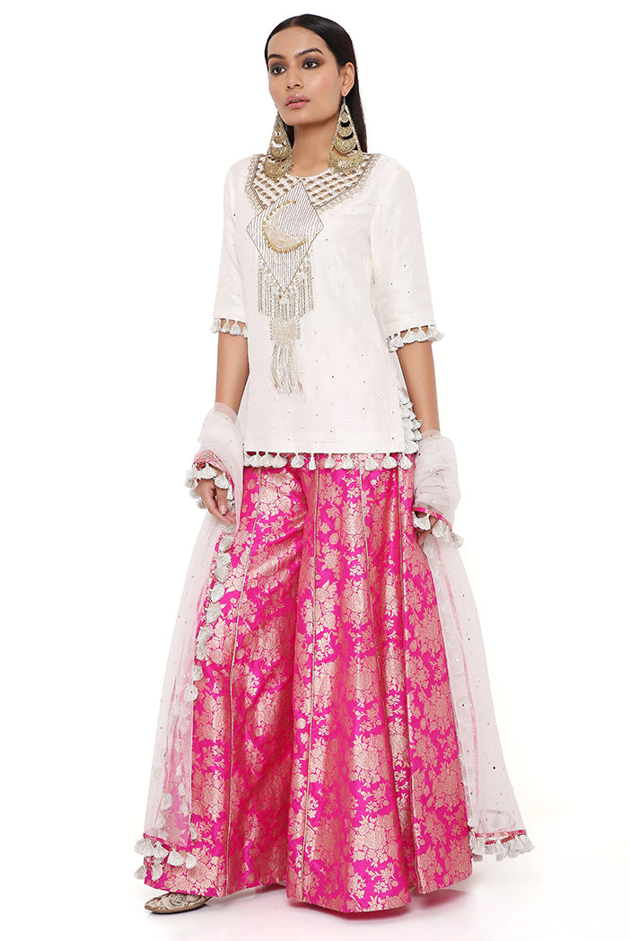 Amaya Off White Abla Silk Embroidered Yoke Kurta With Hot Pink Brocade Sharara And Off White Mukaish Net Dupatta