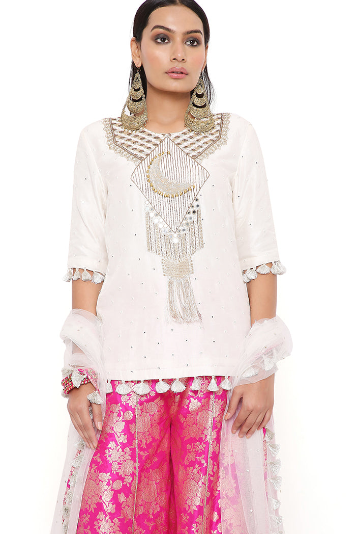Amaya Off White Abla Silk Embroidered Yoke Kurta With Hot Pink Brocade Sharara And Off White Mukaish Net Dupatta