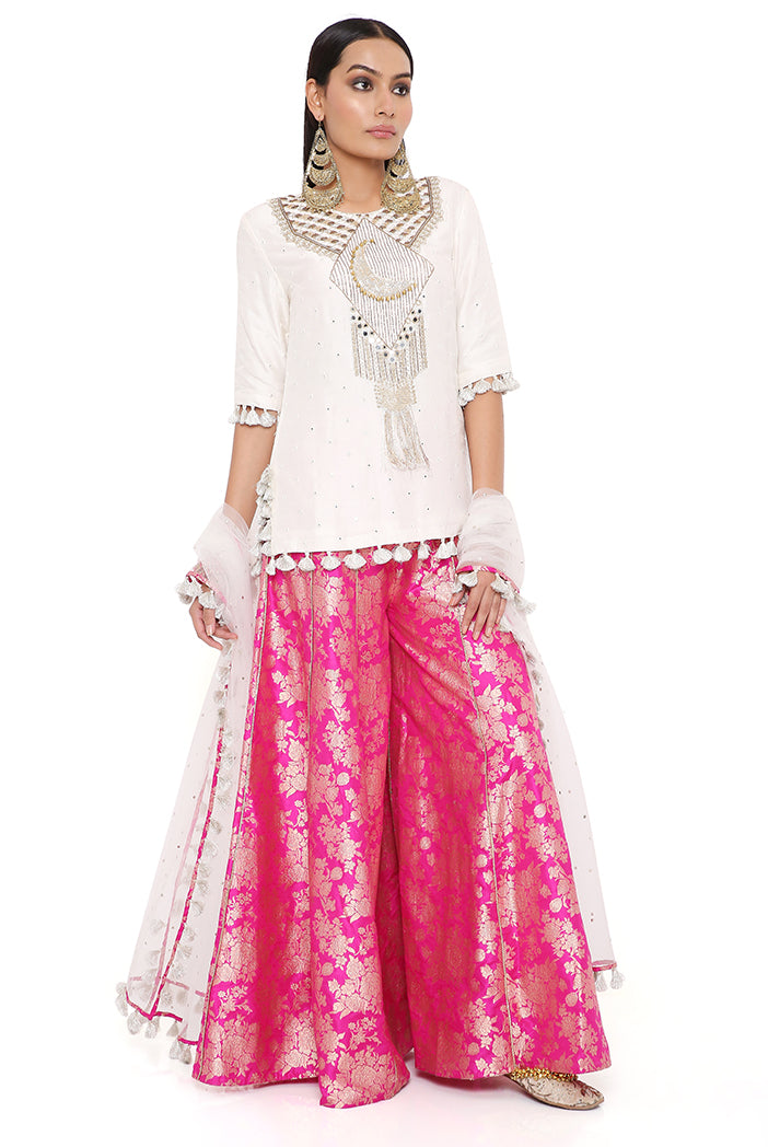 Amaya Off White Abla Silk Embroidered Yoke Kurta With Hot Pink Brocade Sharara And Off White Mukaish Net Dupatta
