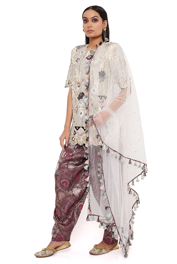 Off White Georgette Embroidered Kurta With Purple Brocade Salwar And Off White Mukaish Net Dupatta