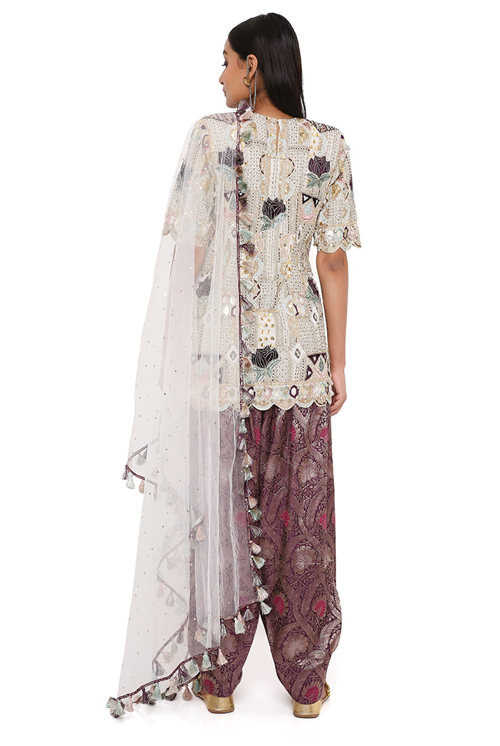 Off White Georgette Embroidered Kurta With Purple Brocade Salwar And Off White Mukaish Net Dupatta