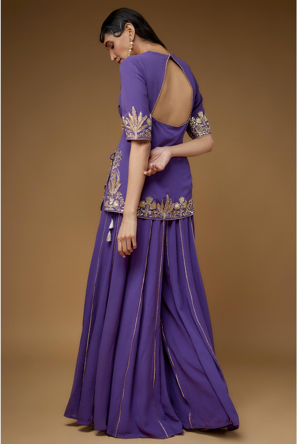 Purple Embroidered Kurta & Sharara With Dupatta