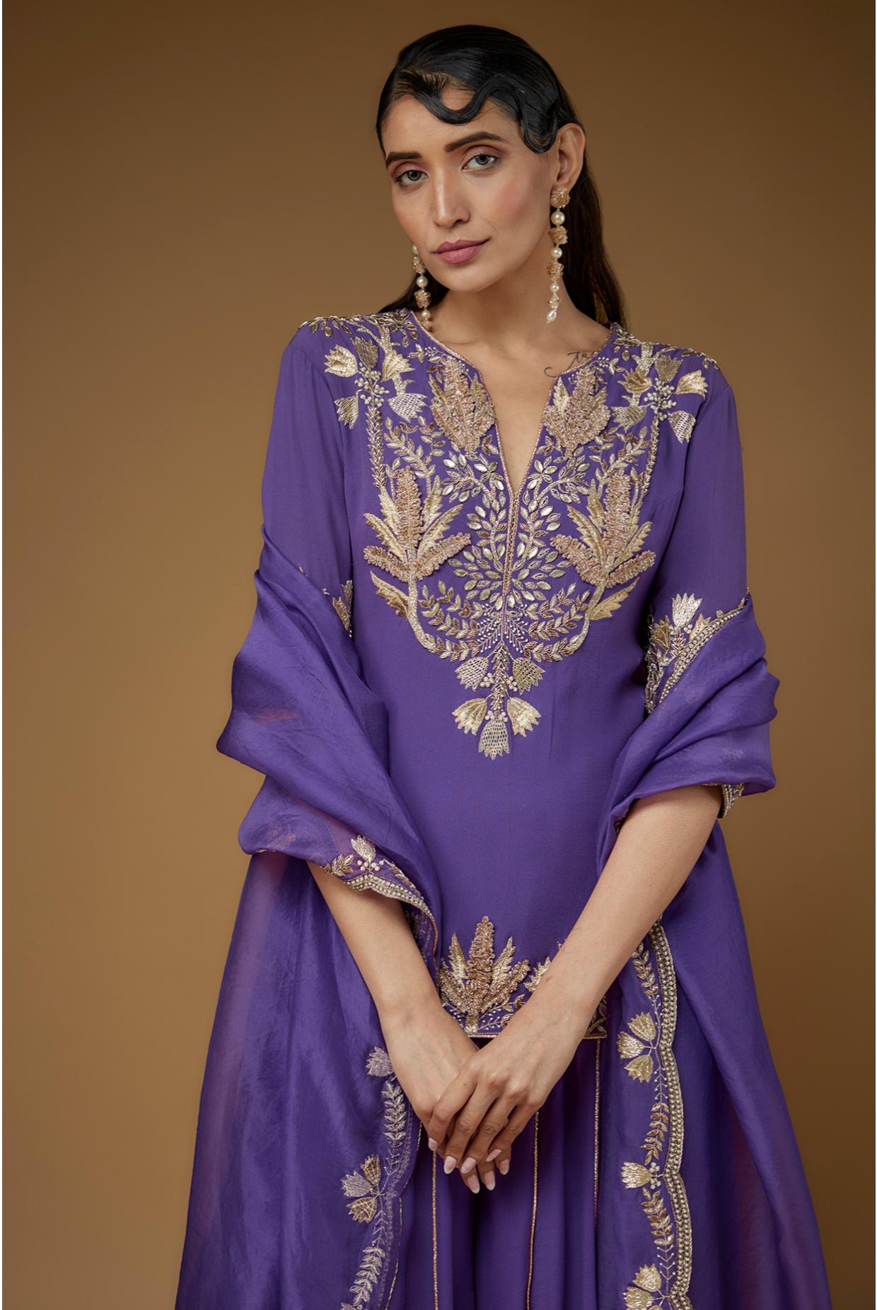 Purple Embroidered Kurta & Sharara With Dupatta