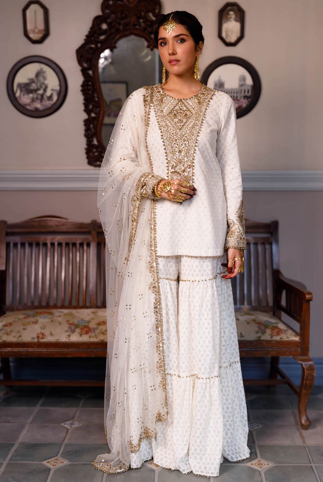 Shama Off White Embroidered Kurta With Frilled Sharara And Dupatta