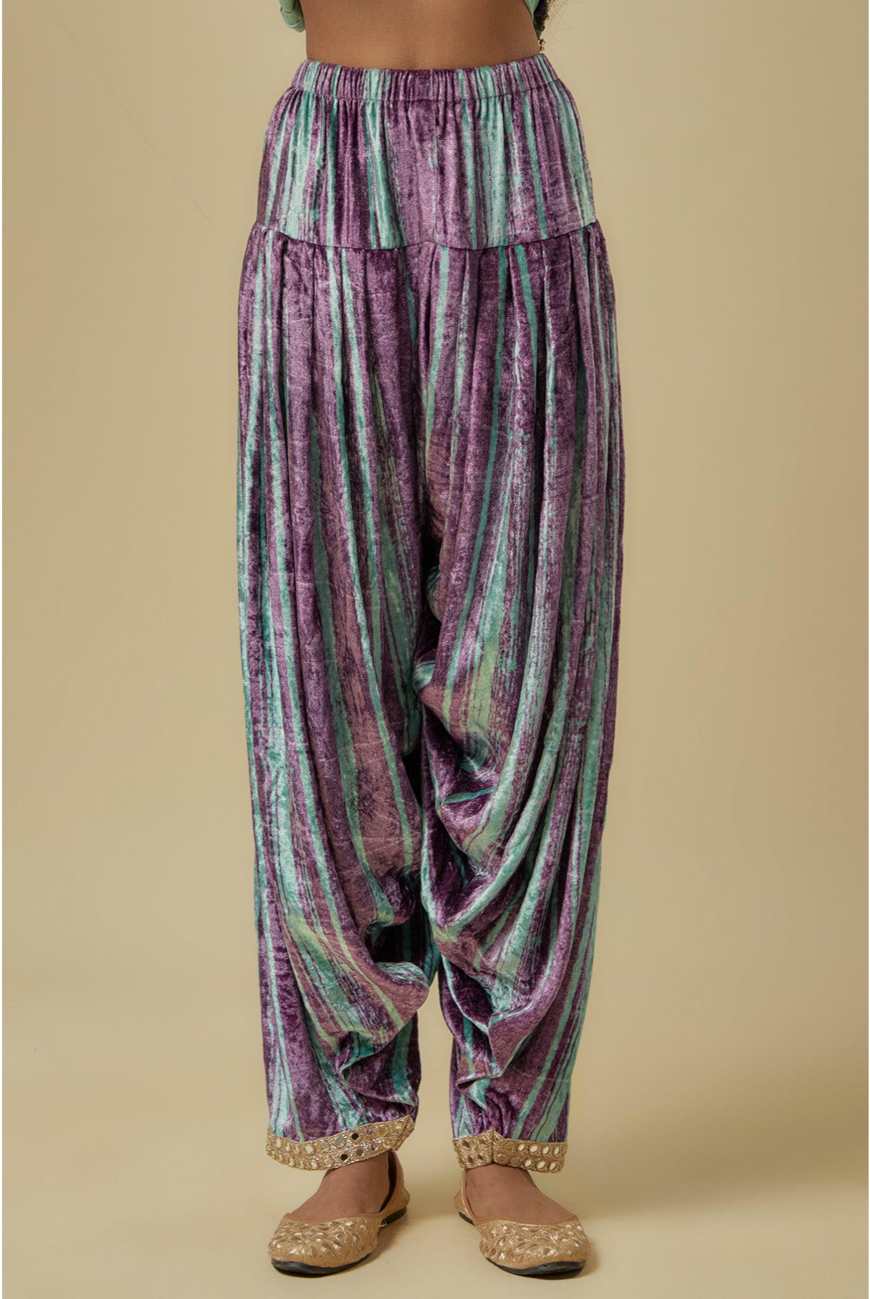 Mint Green And Purple Chevron Printed Embroidered Velvet Kurta With Embroidered Patiala Salwaar And Mukaish Organza Dupatta.