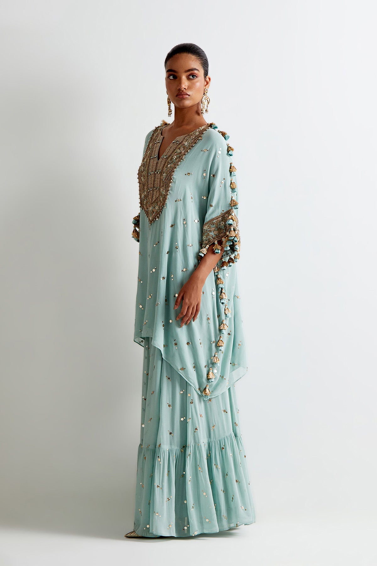 Sea Blue Mukaish Georgette Embroidred Kaftan With Frill Sharara