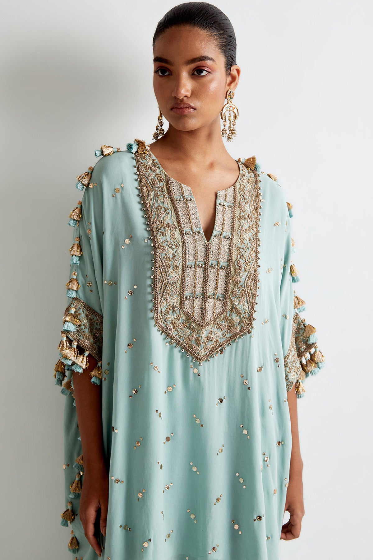 Sea Blue Mukaish Georgette Embroidred Kaftan With Frill Sharara