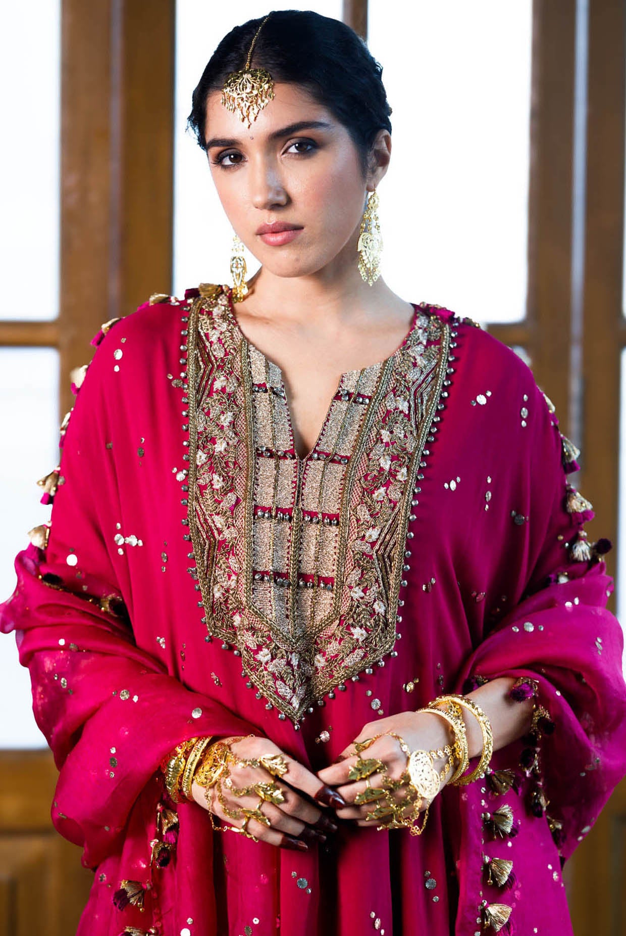 Magenta Pink Embroidered Kaftan And Frill Sharara With Dupatta