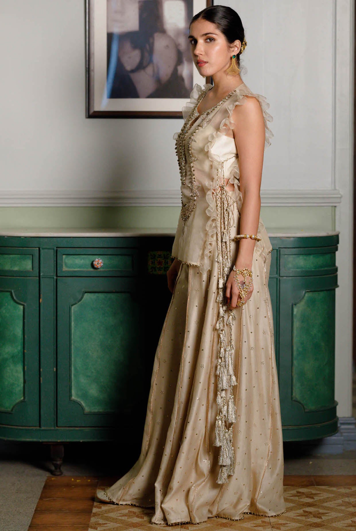 Fawzia Stone Embroidered Long Bib Yoke With Bustier And Sharara