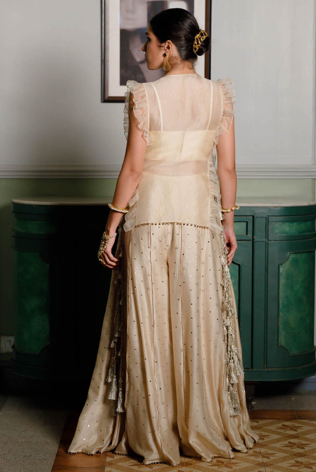 Fawzia Stone Embroidered Long Bib Yoke With Bustier And Sharara