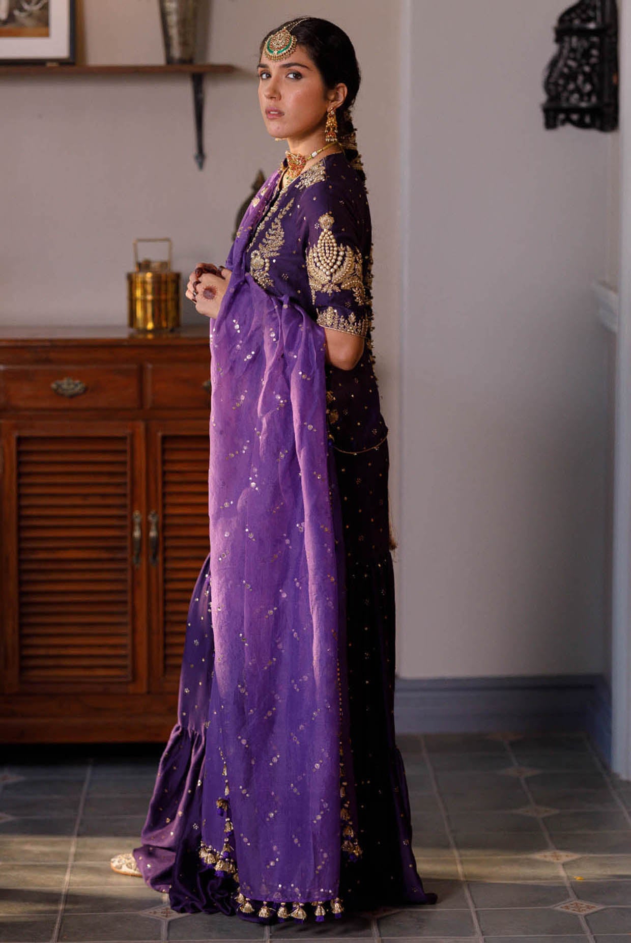 Fatima Purple Embroidered Kurta And Frill Sharara With Dupatta