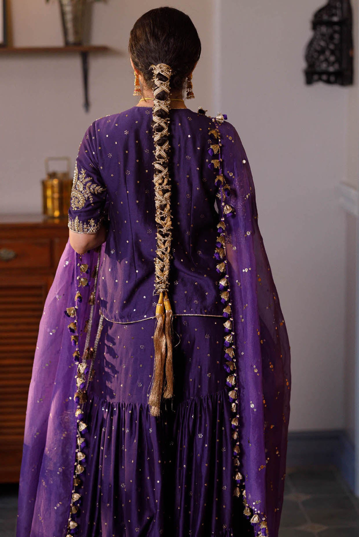 Fatima Purple Embroidered Kurta And Frill Sharara With Dupatta