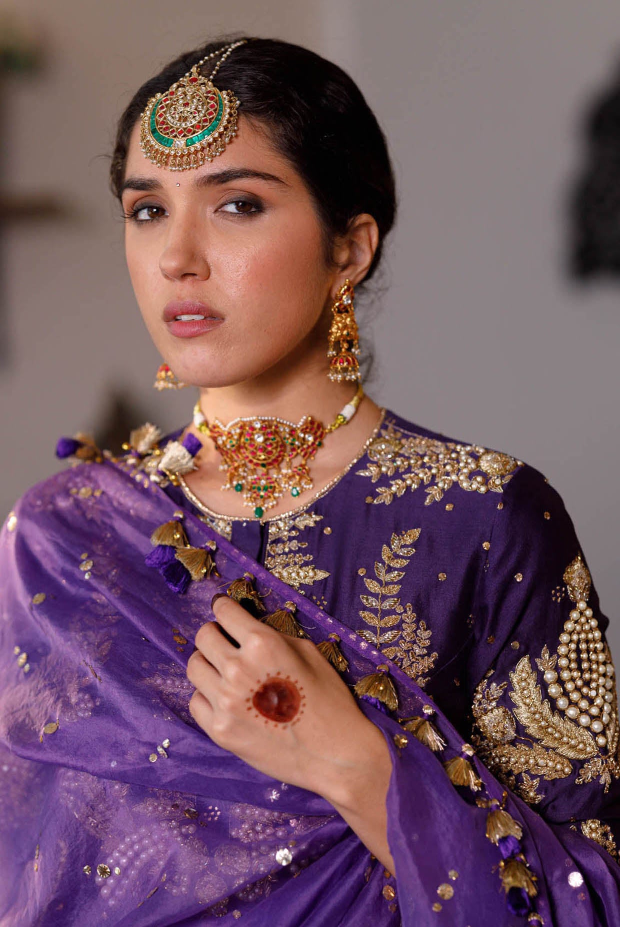 Fatima Purple Embroidered Kurta And Frill Sharara With Dupatta