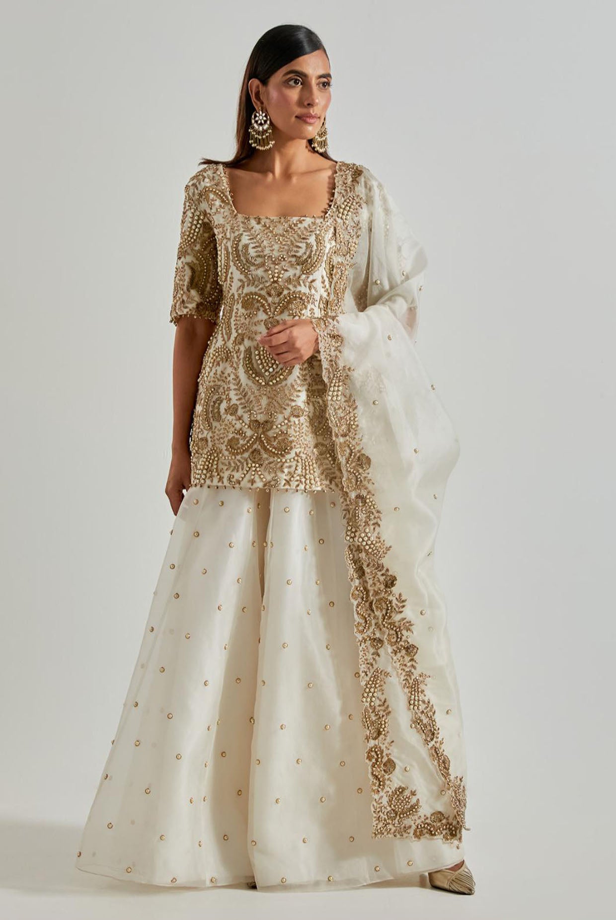 Off-White Embroidered Kurta with Sharara & Dupatta