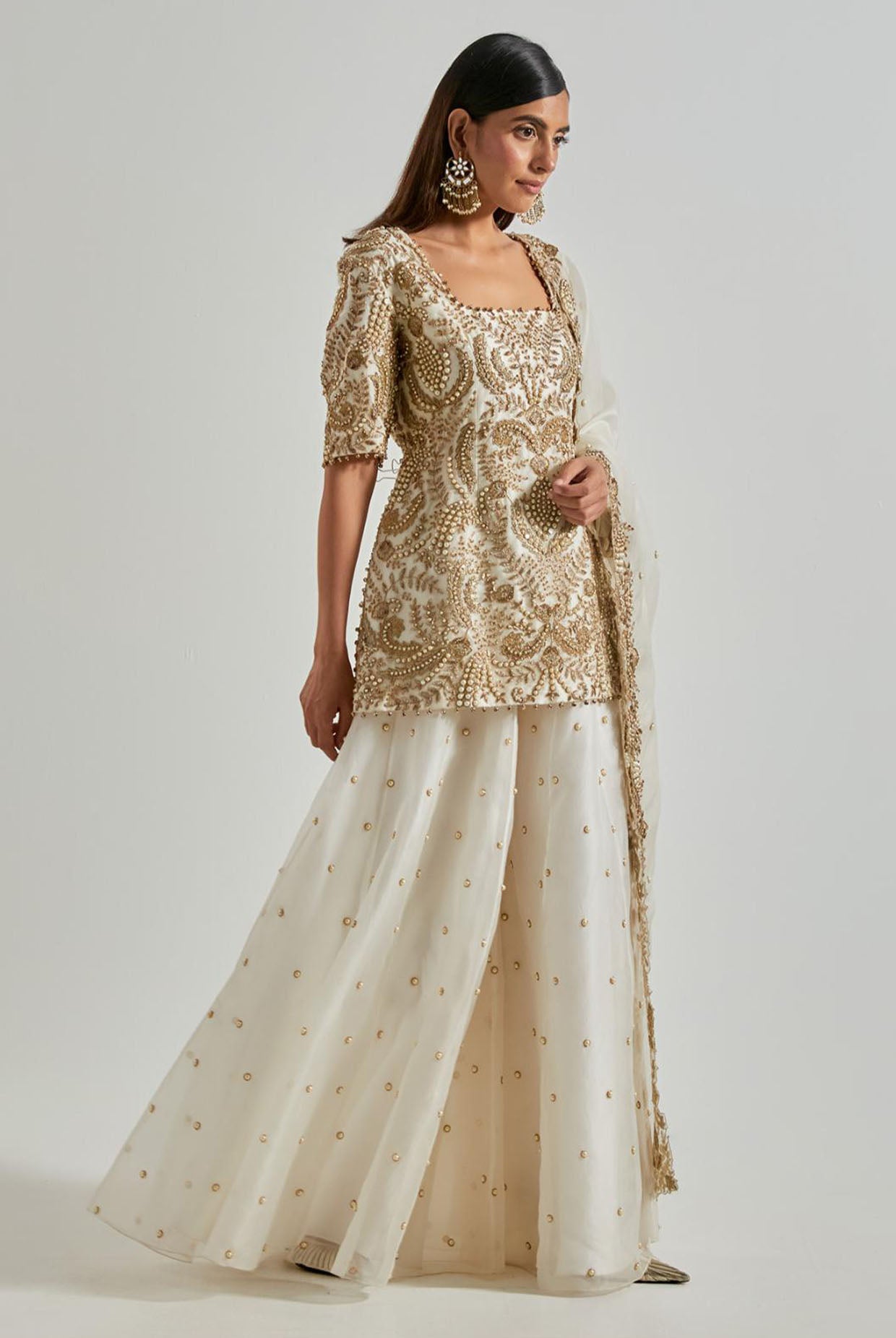 Off-White Embroidered Kurta with Sharara & Dupatta