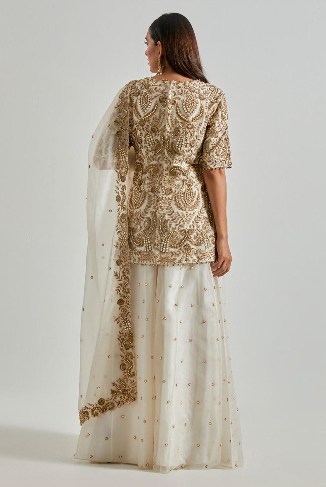 Off-White Embroidered Kurta with Sharara & Dupatta