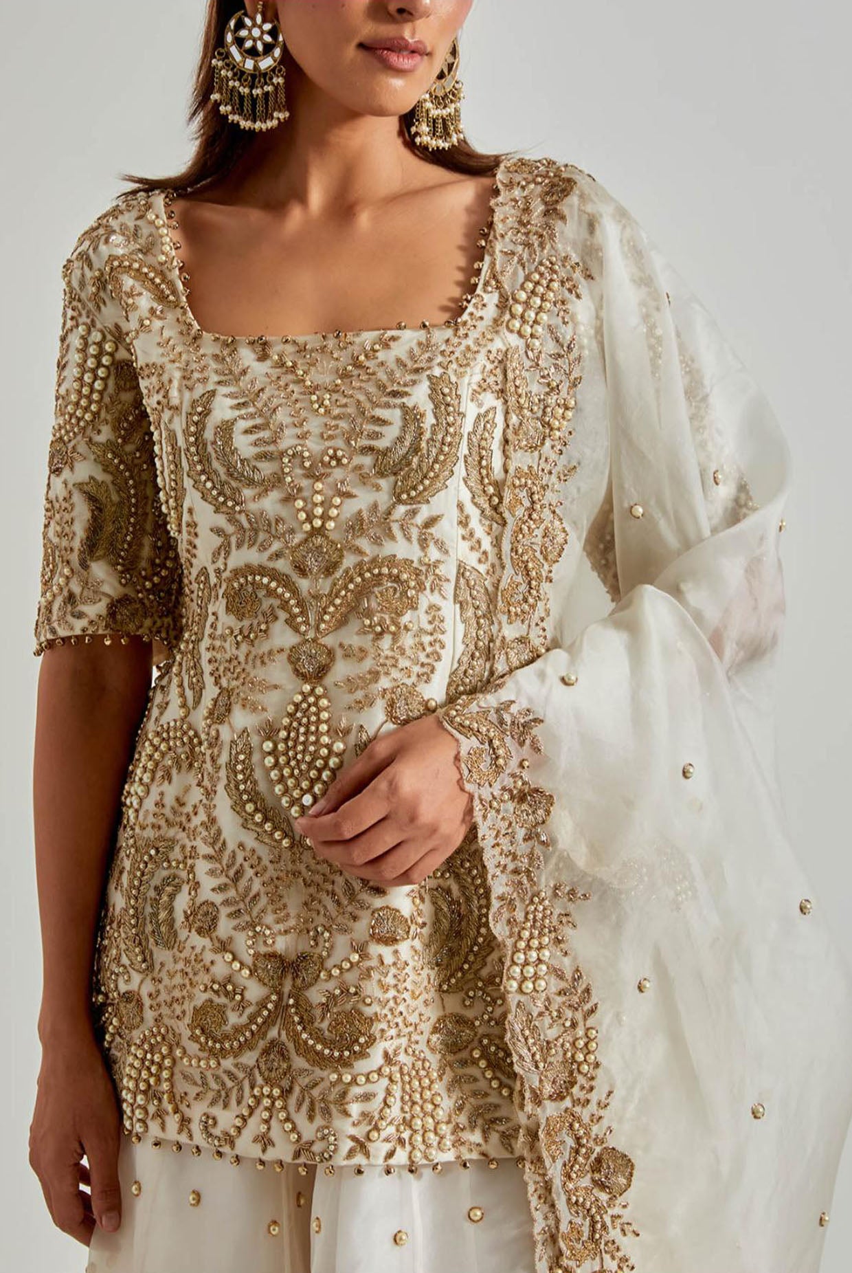 Off-White Embroidered Kurta with Sharara & Dupatta