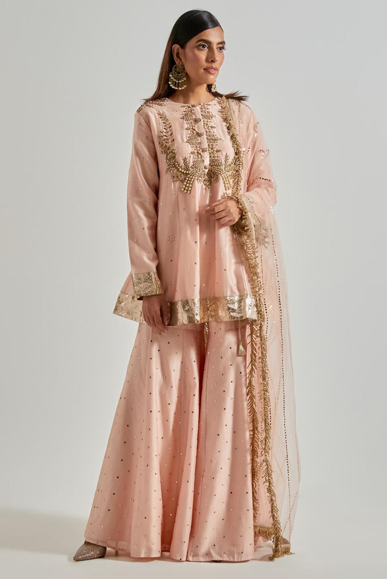 Rose Pink Short Kurta with Sharara & Net Dupatta