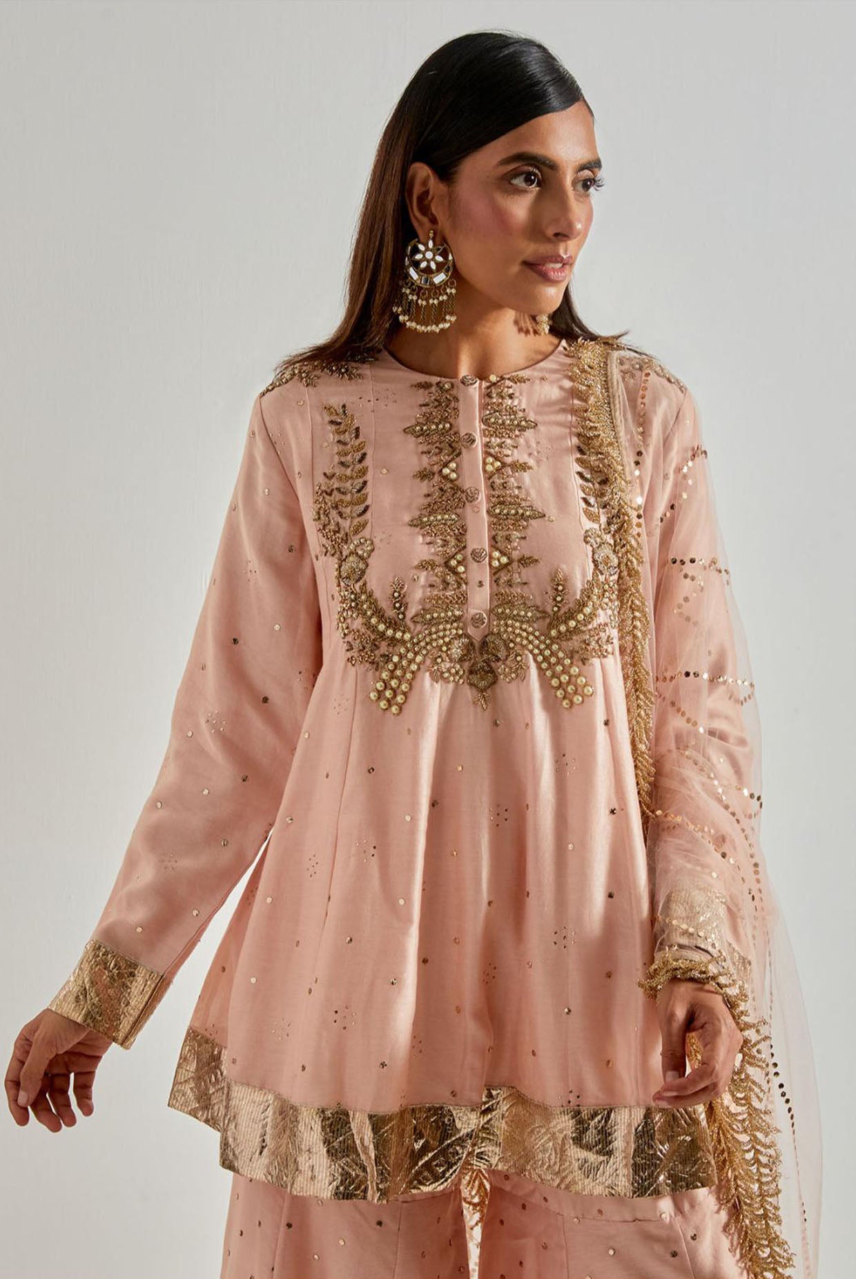 Rose Pink Short Kurta with Sharara & Net Dupatta