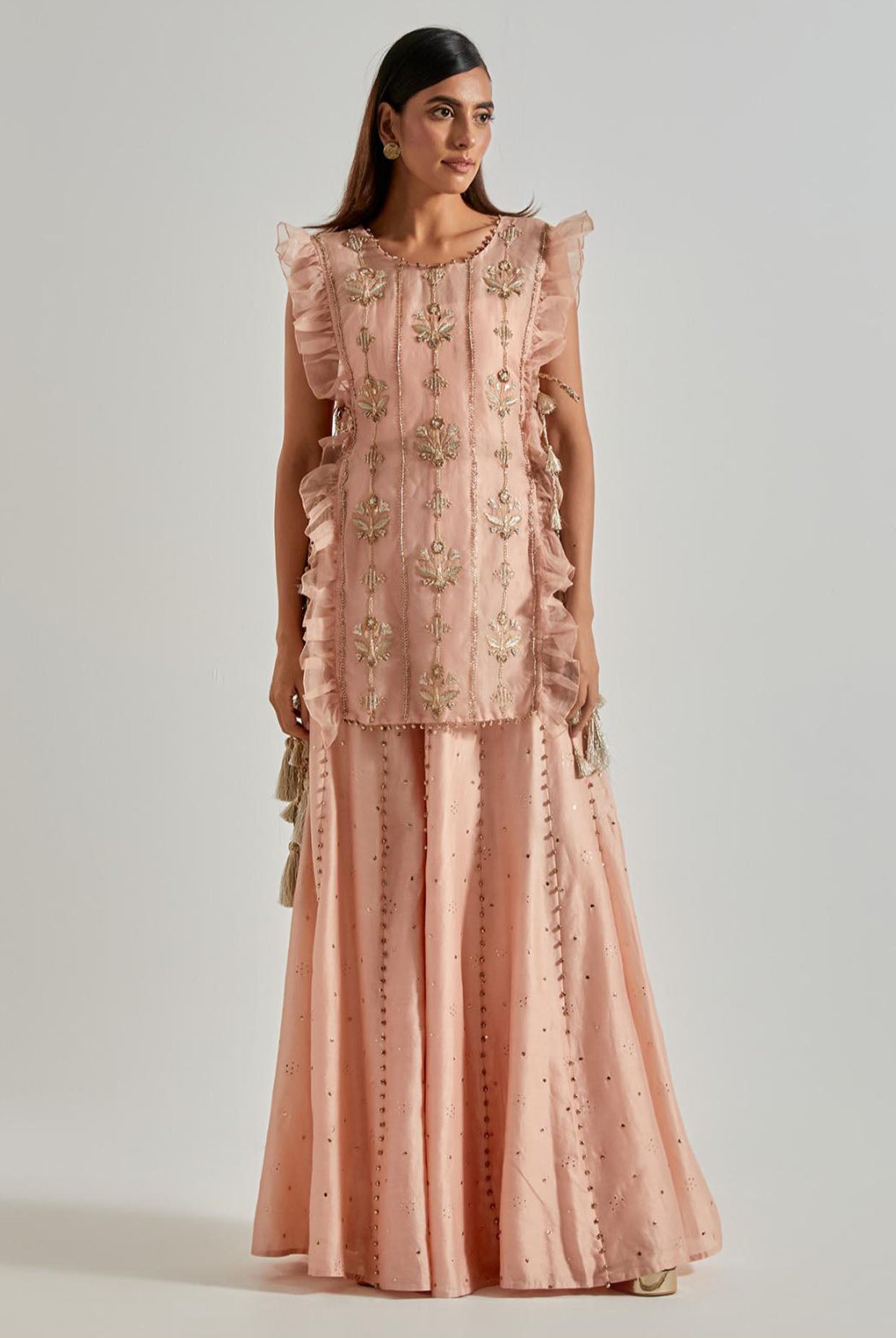 Onion Pink Organza Kurta with Bustier & Sharara (Ghunghroo Detail)