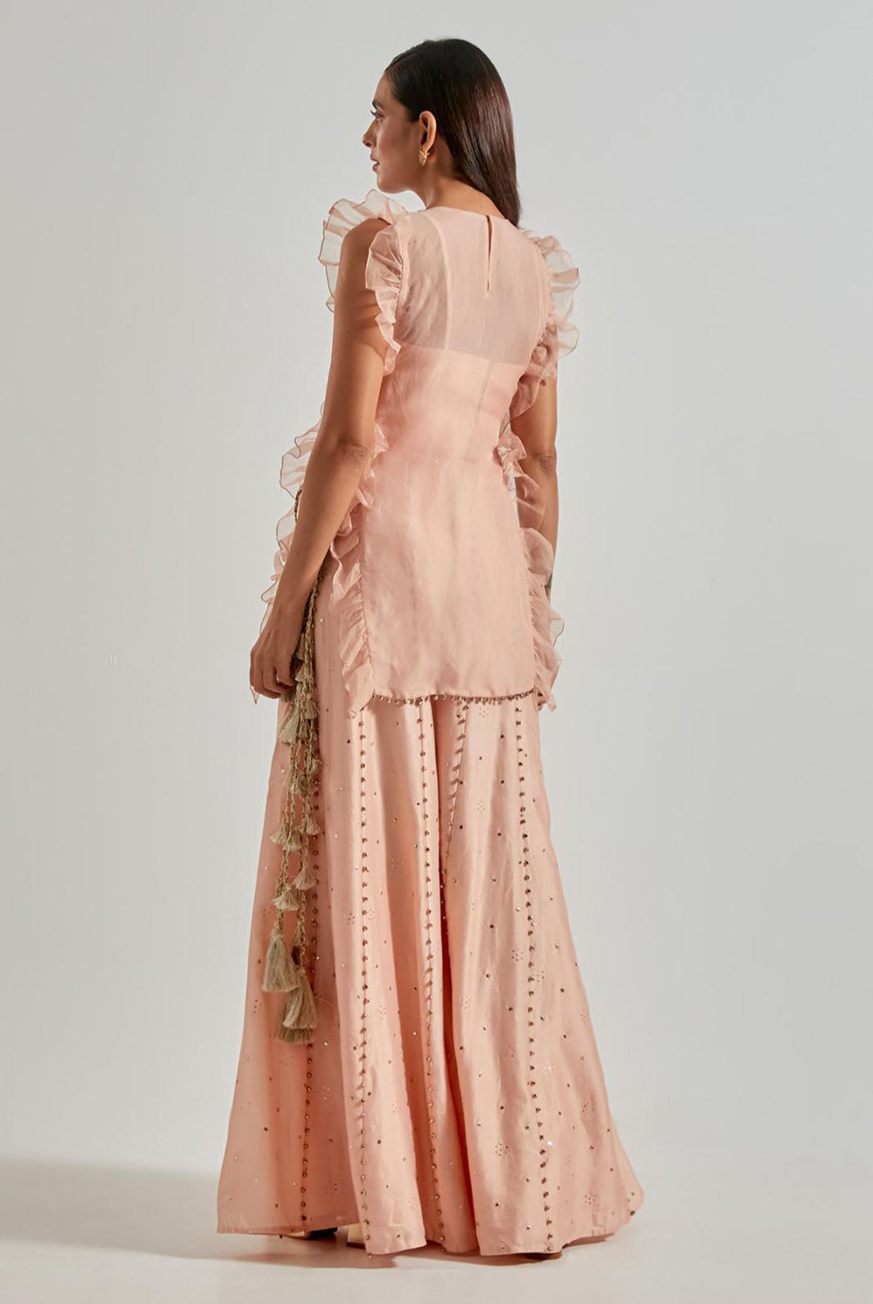 Onion Pink Organza Kurta with Bustier & Sharara (Ghunghroo Detail)