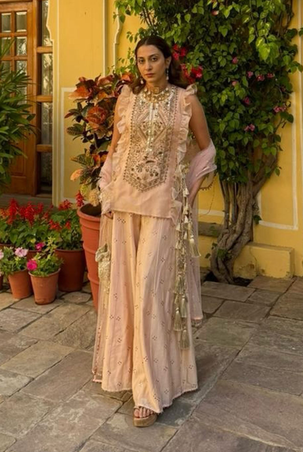 Blush Pink Bustier With Organza Embroidered Kurta And Sharara