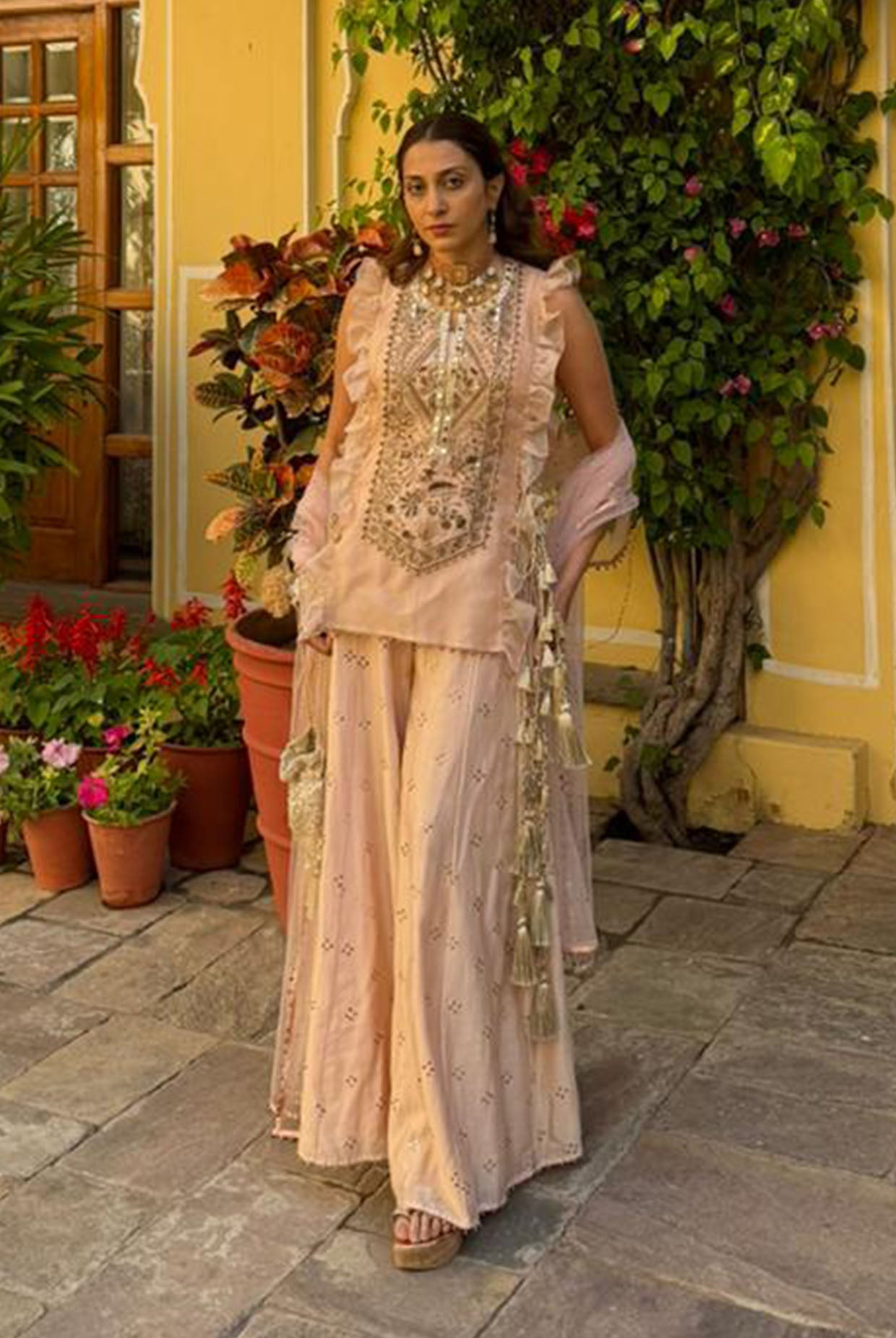 Blush Pink Bustier With Organza Embroidered Kurta And Sharara