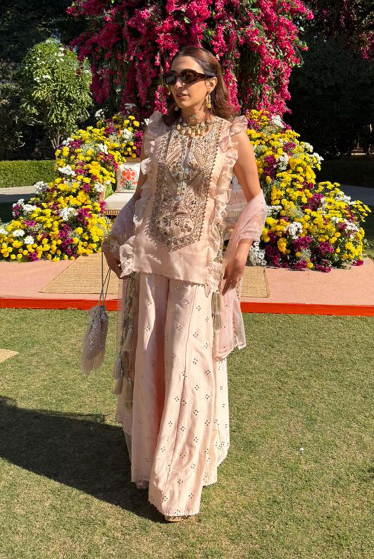 Blush Pink Bustier With Organza Embroidered Kurta And Sharara