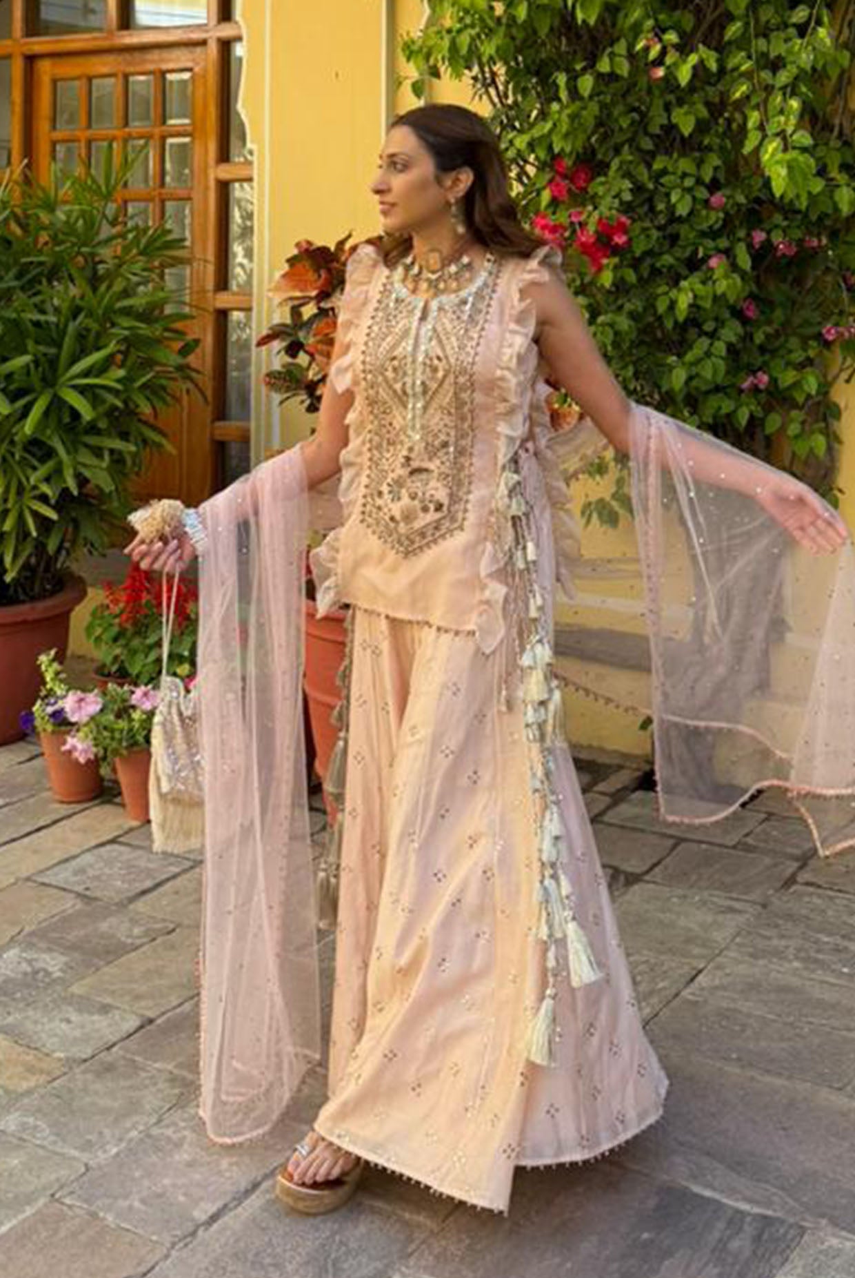 Blush Pink Bustier With Organza Embroidered Kurta And Sharara