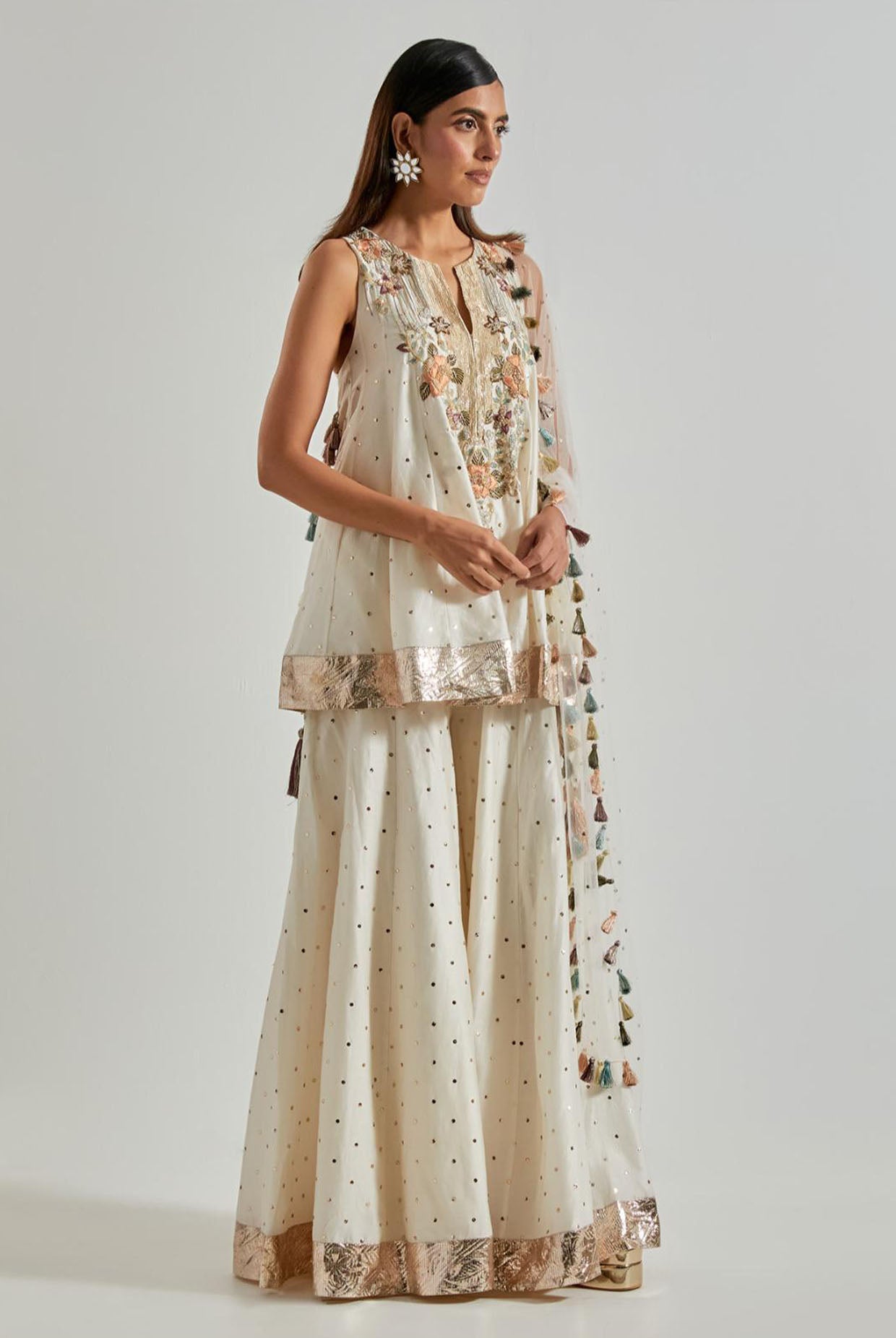 Off-White Silkmul Kurta with Sharara & Net Dupatta