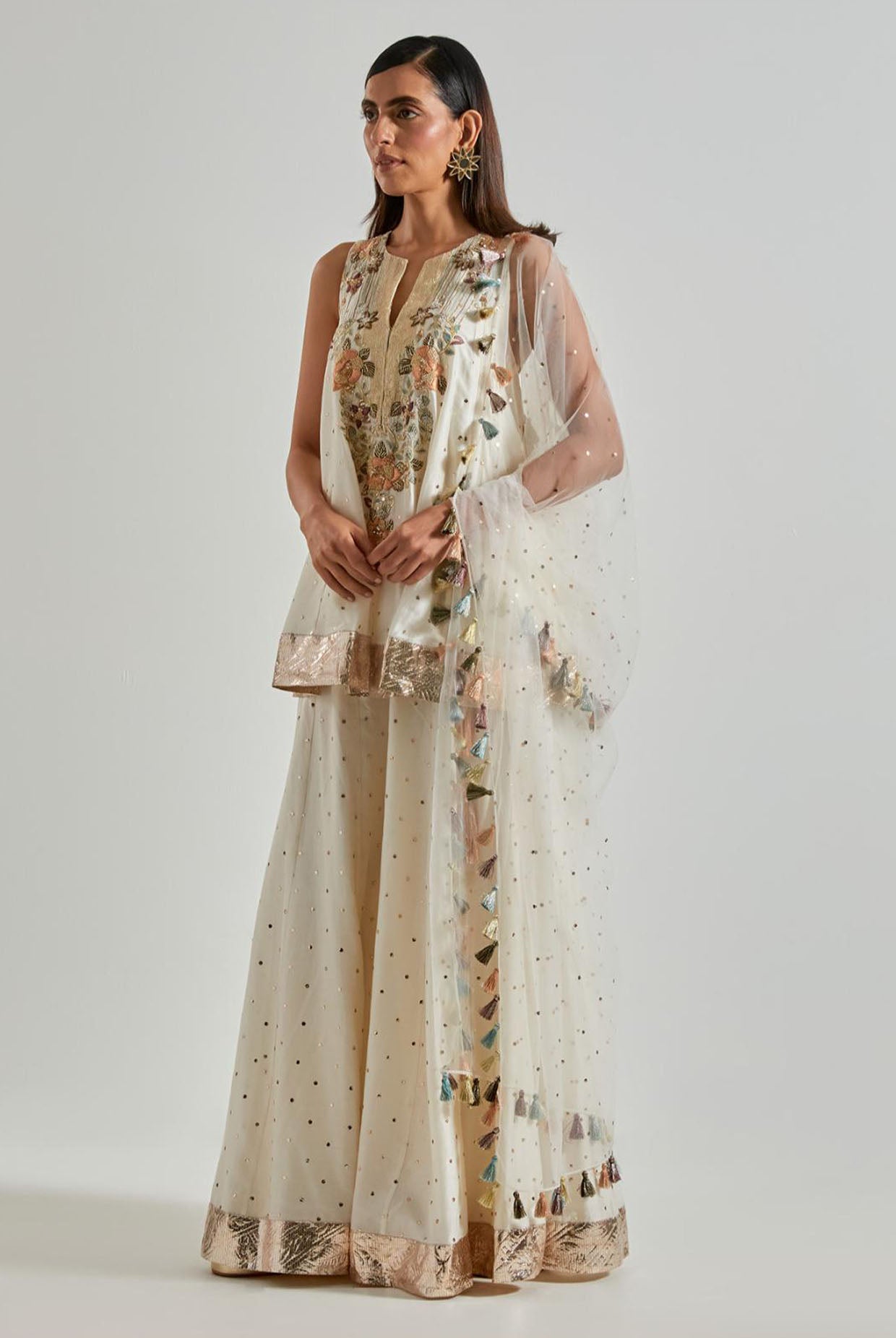 Off-White Silkmul Kurta with Sharara & Net Dupatta