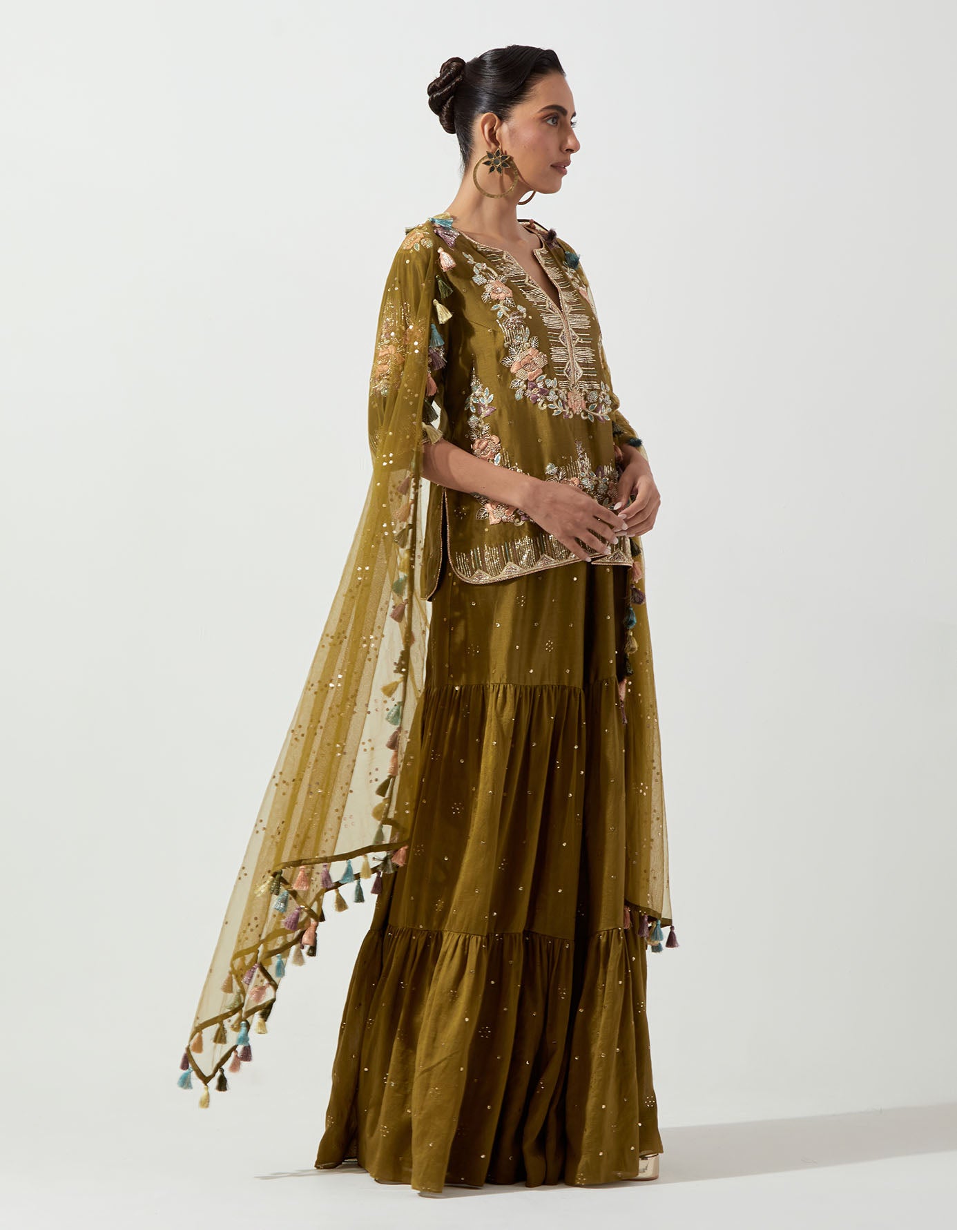 Olive Greenembroidered Short Kurta And Frill Sharara With Mukaish Net Dupatta
