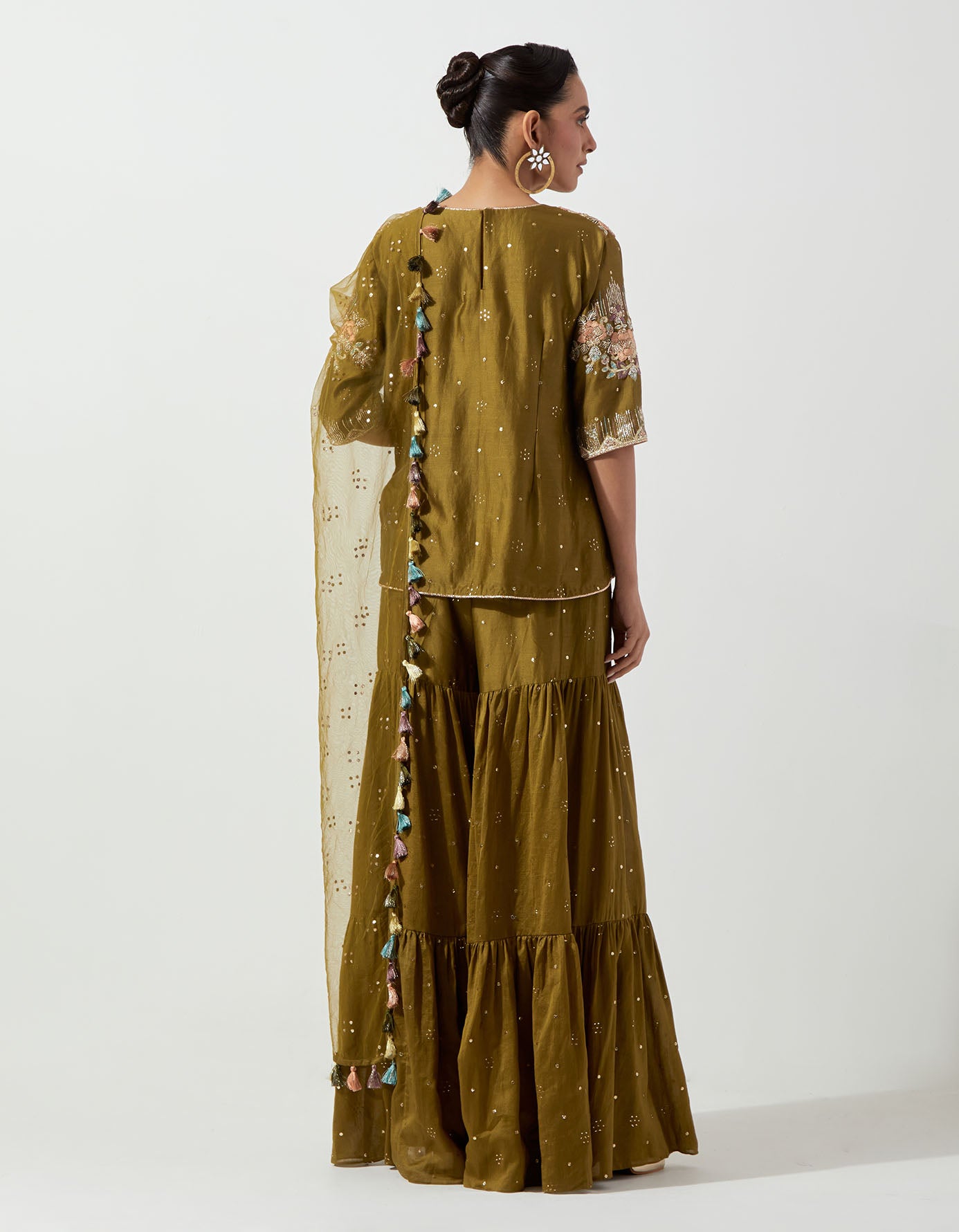 Olive Greenembroidered Short Kurta And Frill Sharara With Mukaish Net Dupatta