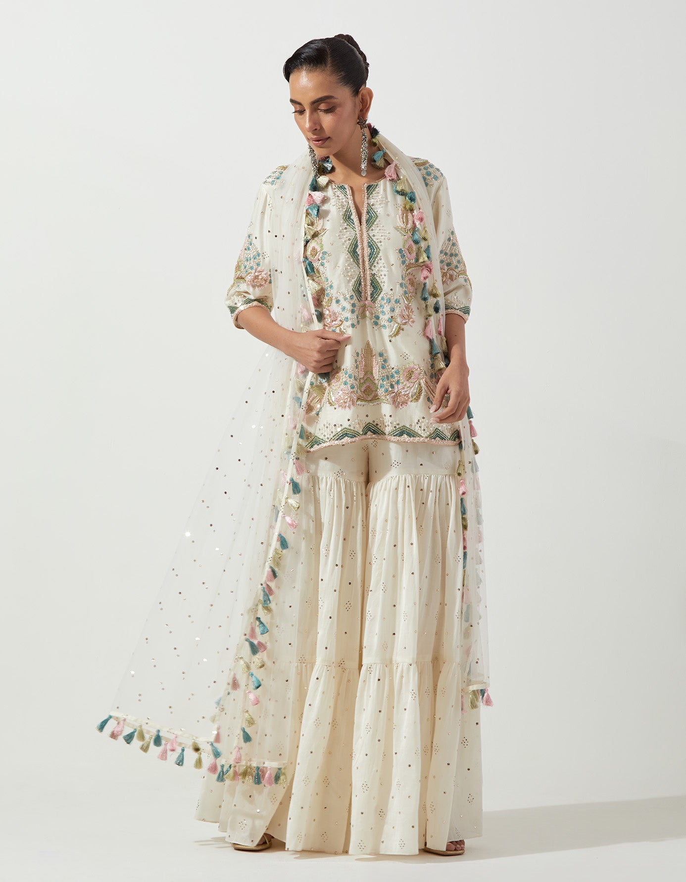 Off-White Embroidered Kurta And Frill Sharara With Net Dupatta