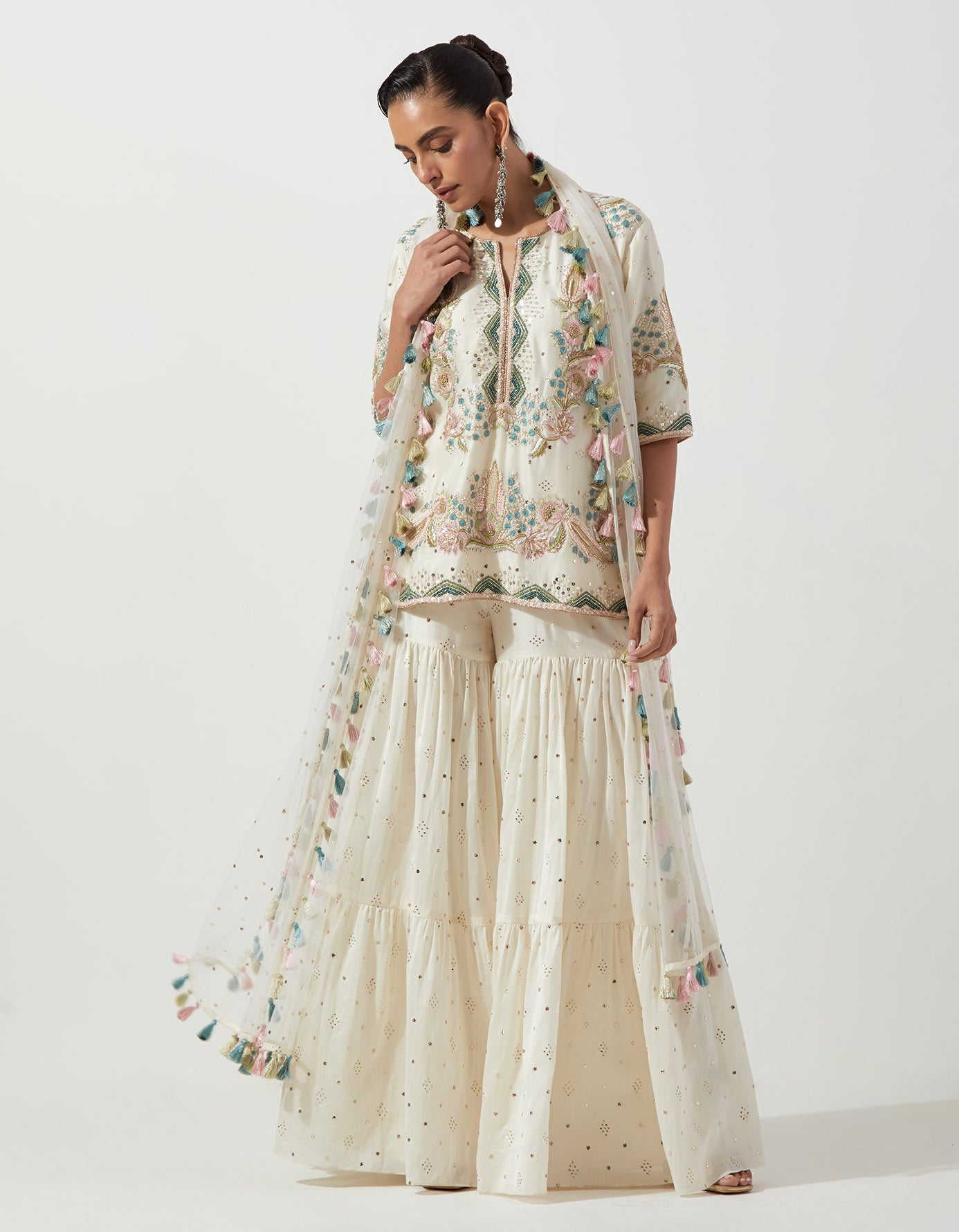 Off-White Embroidered Kurta And Frill Sharara With Net Dupatta