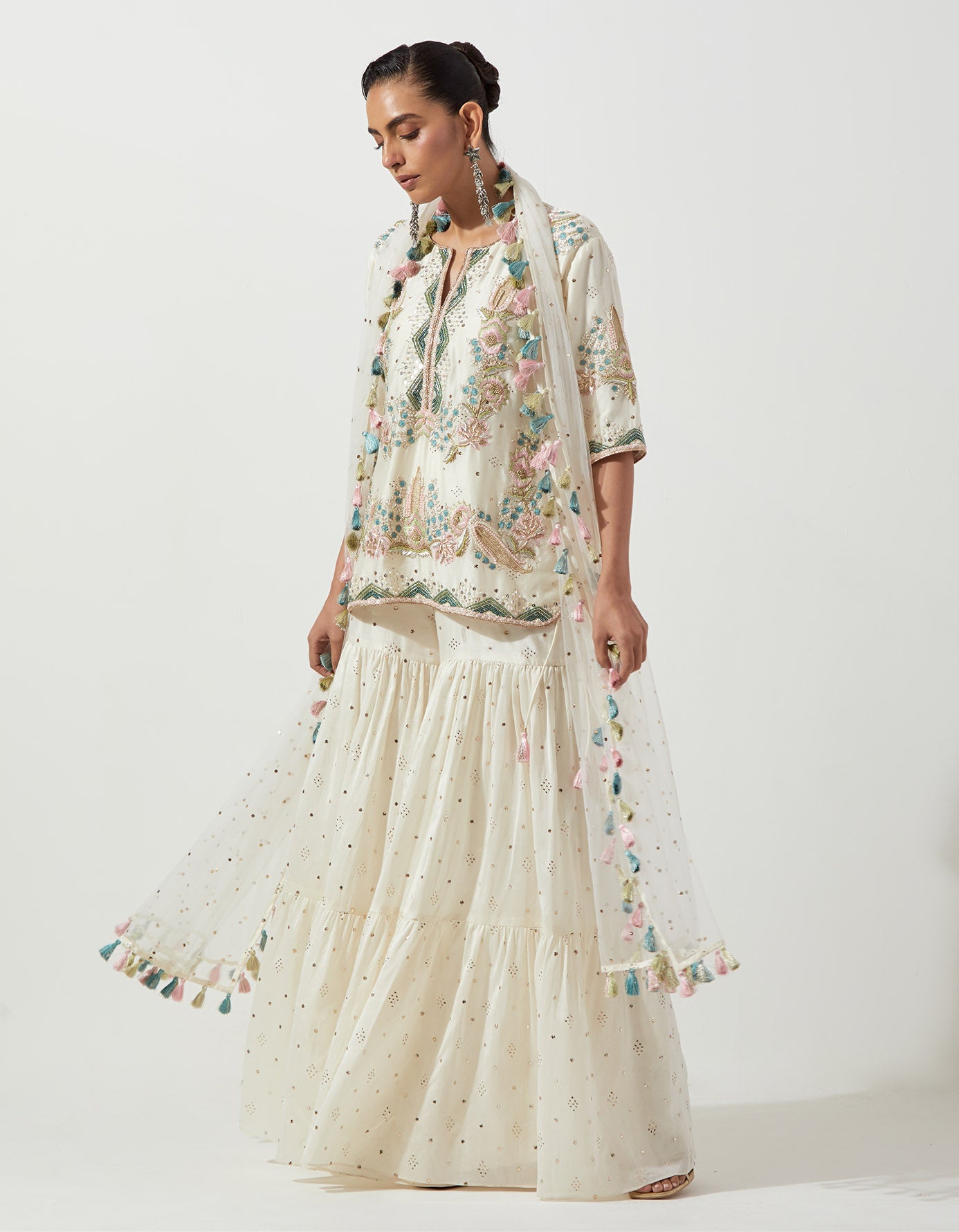 Off-White Embroidered Kurta And Frill Sharara With Net Dupatta