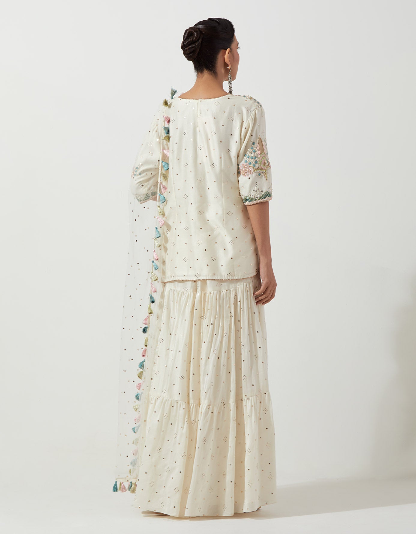 Off-White Embroidered Kurta And Frill Sharara With Net Dupatta