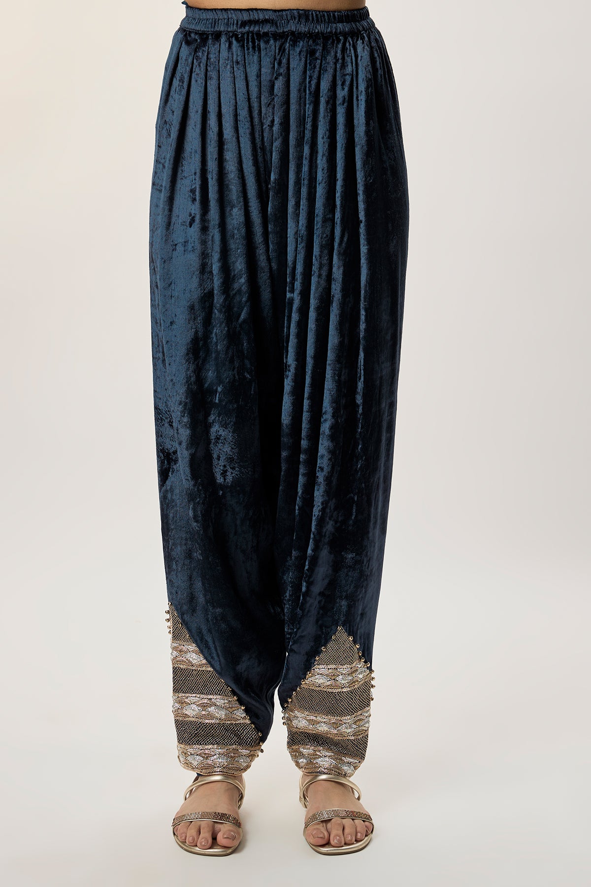 Elara Navy Blue Velvet Embroidered Kurta With Farshi Salwar And Mukaish Silkmul Dupatta