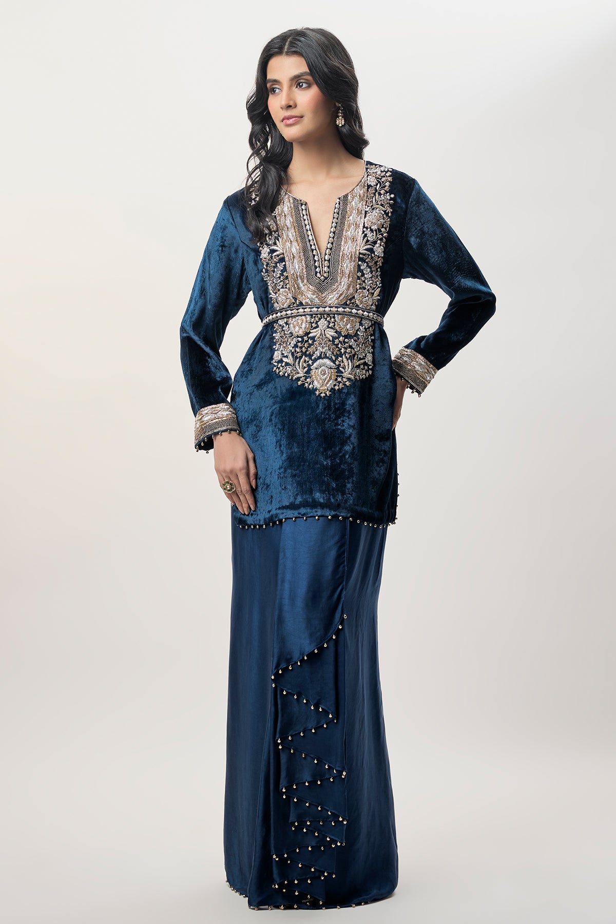 Samira Navy Blue Velvet Embroidered Yoke And With Dhoti Skirt And Belt