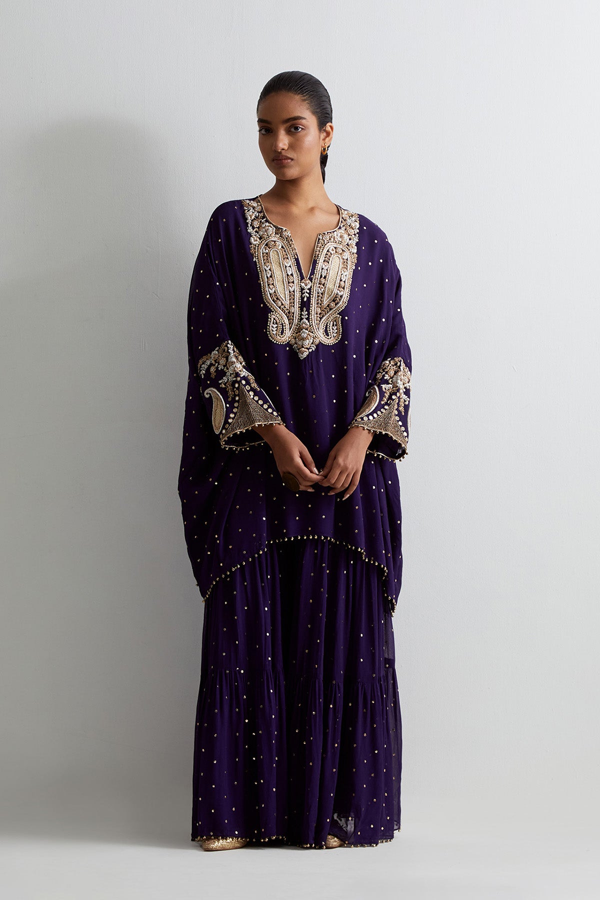 Purple Mukaish Georgette Embroidered Short Kaftan With Frill Sharara