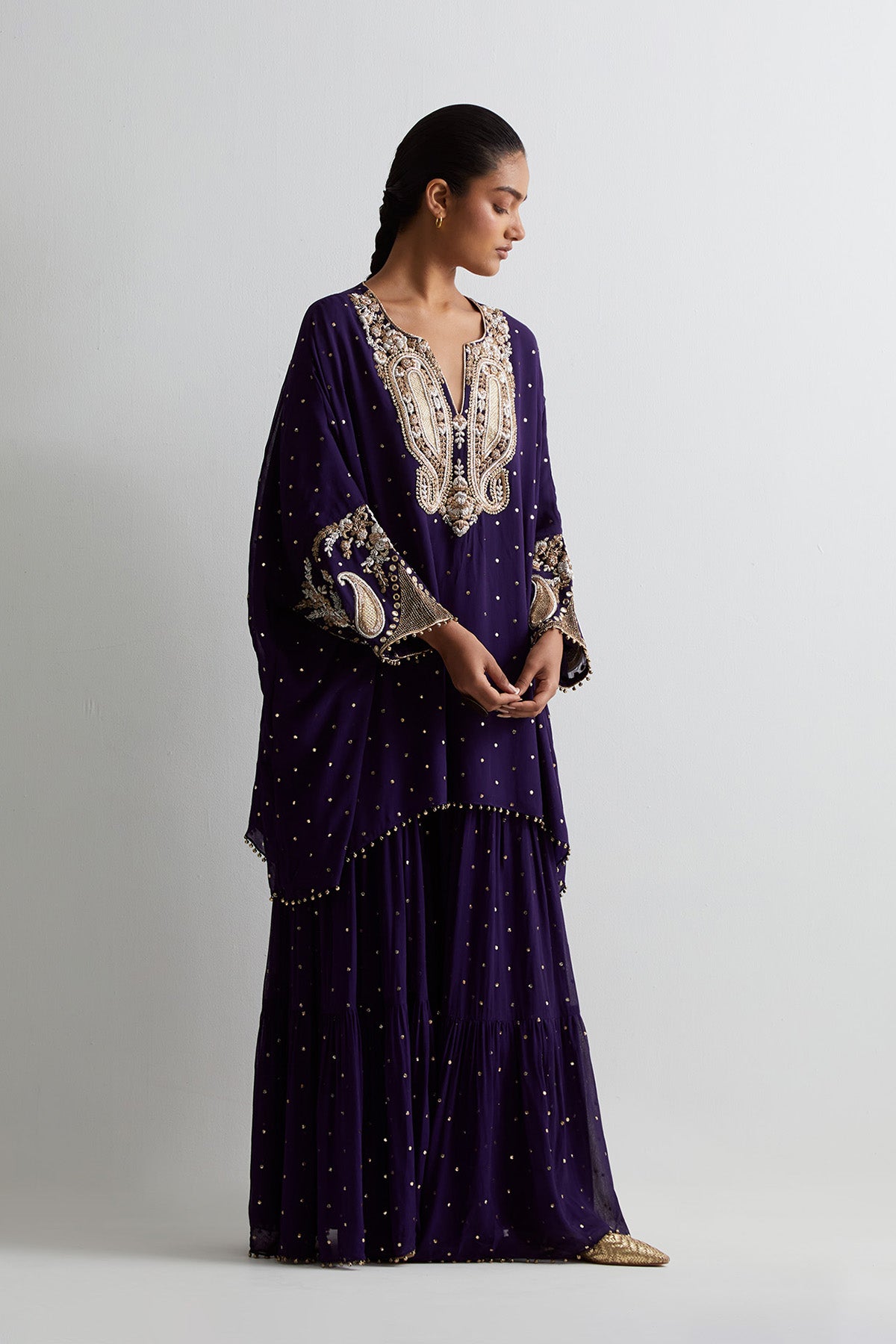 Purple Mukaish Georgette Embroidered Short Kaftan With Frill Sharara