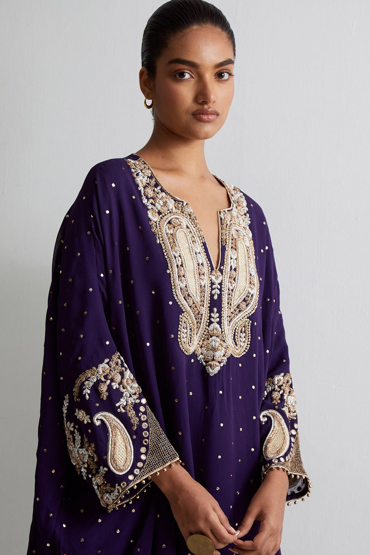 Purple Mukaish Georgette Embroidered Short Kaftan With Frill Sharara