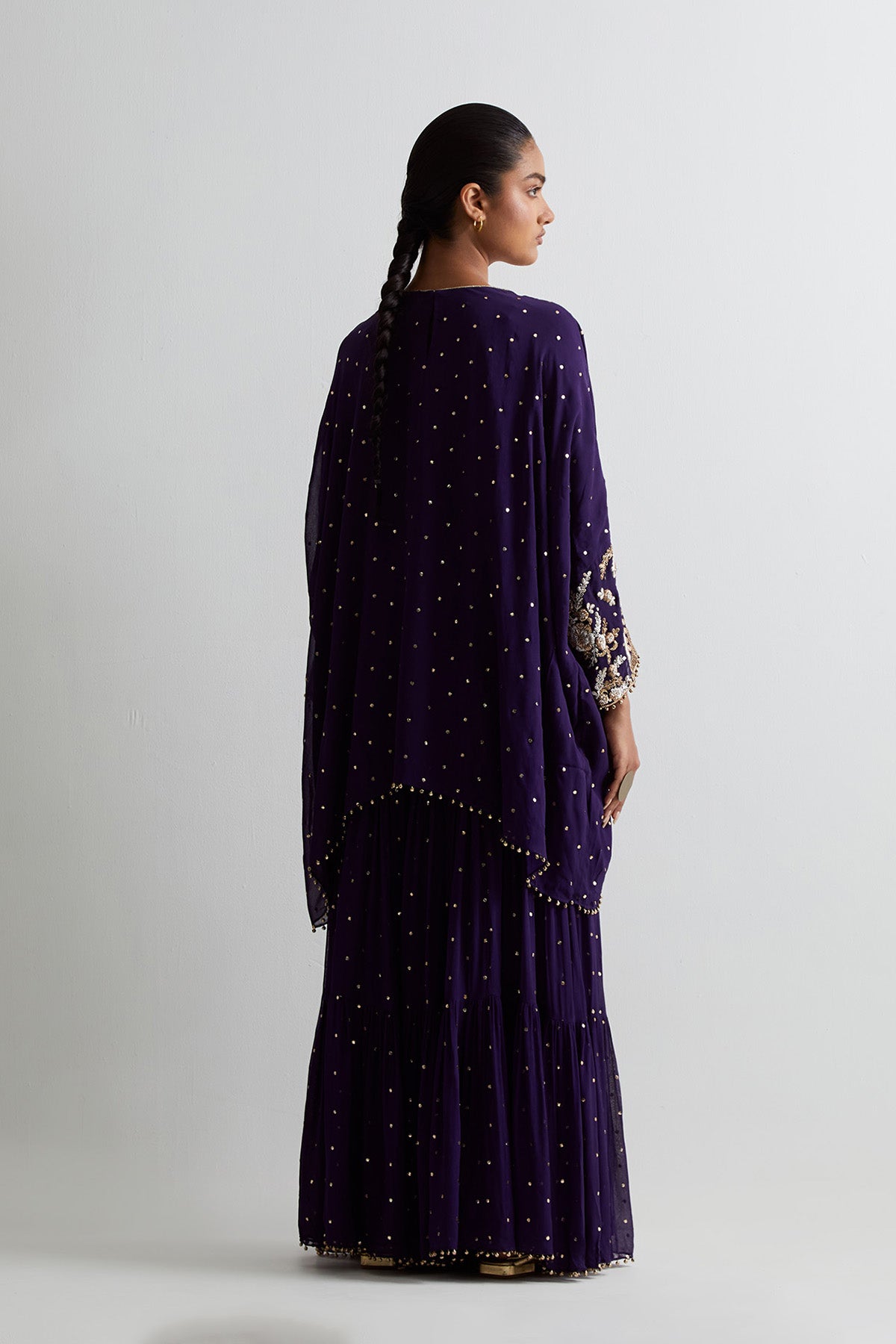Purple Mukaish Georgette Embroidered Short Kaftan With Frill Sharara