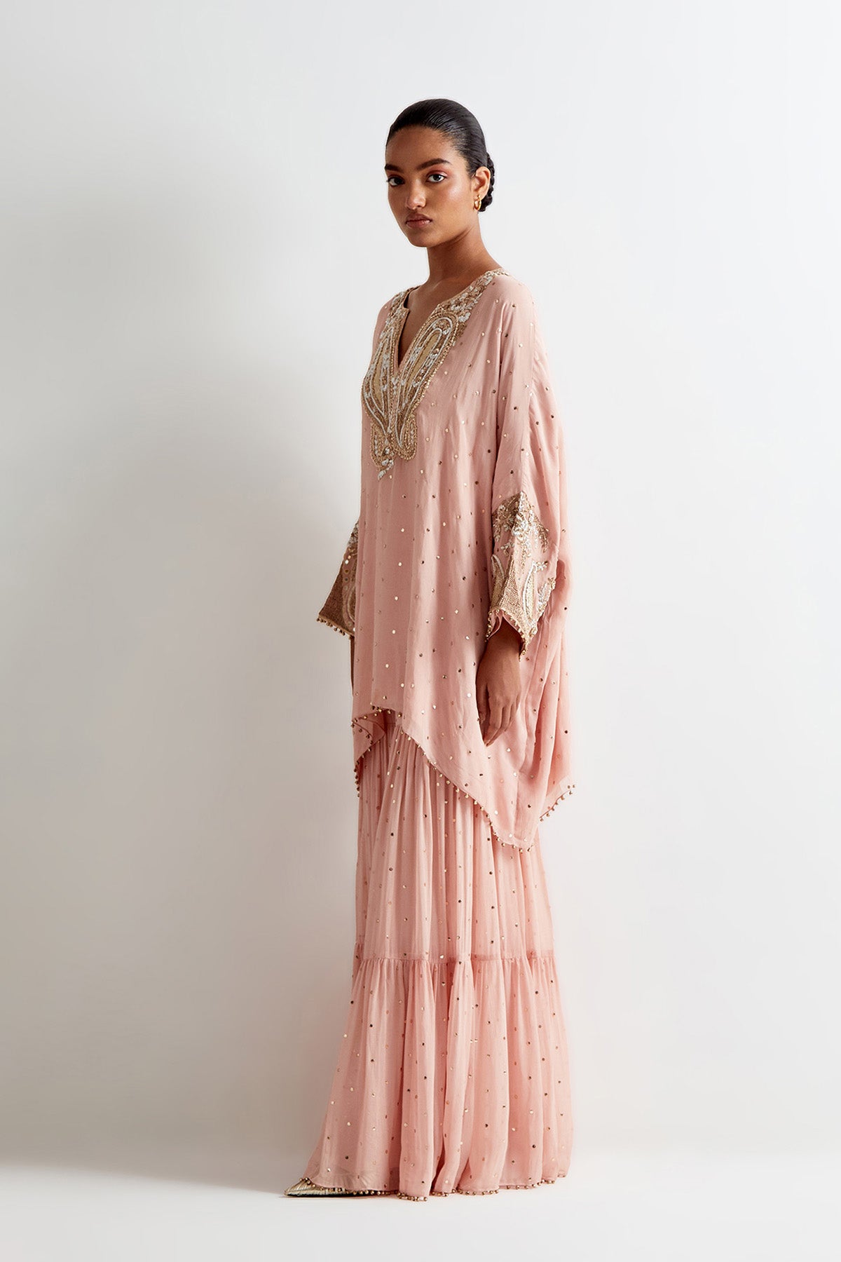 Rose Pink Mukaish Georgette Embroidered Short Kaftan And Frill Sharara