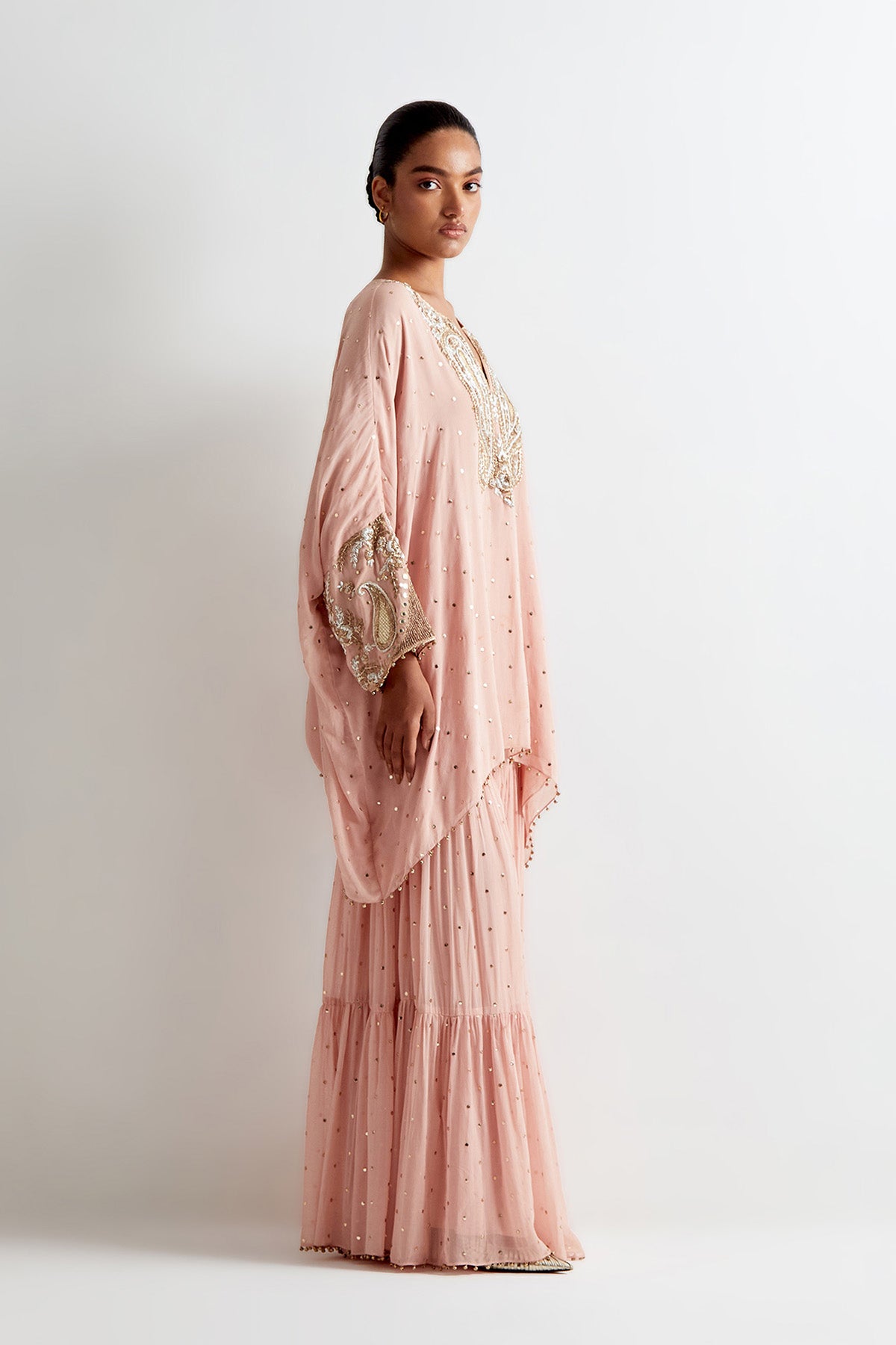 Rose Pink Mukaish Georgette Embroidered Short Kaftan And Frill Sharara