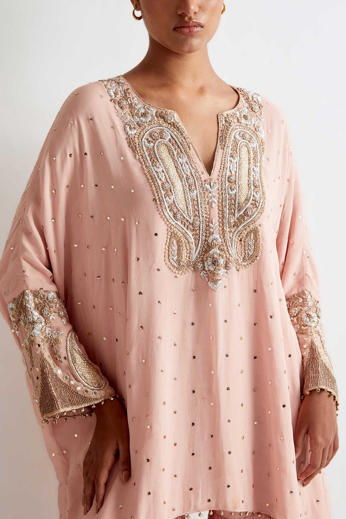 Rose Pink Mukaish Georgette Embroidered Short Kaftan And Frill Sharara