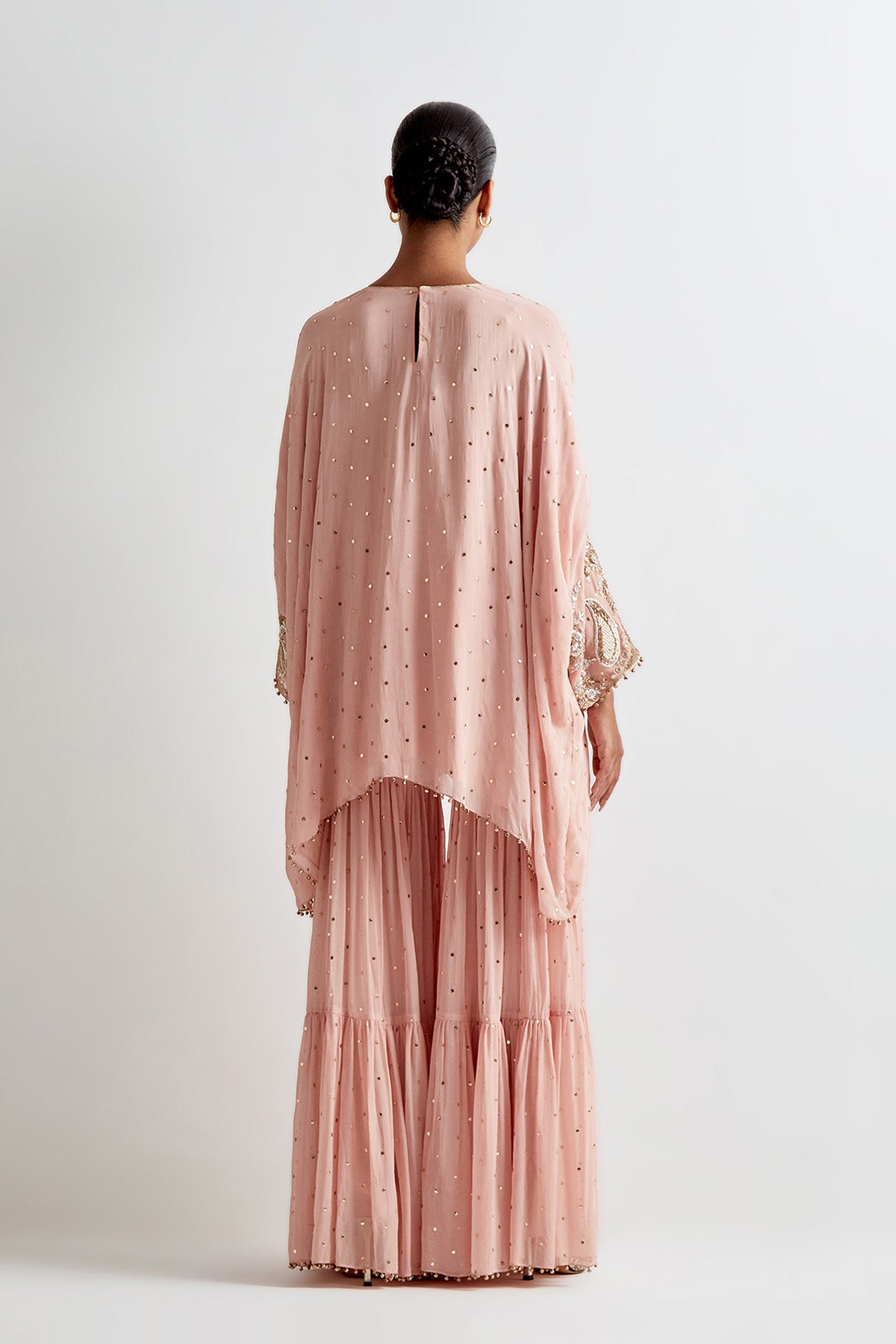 Rose Pink Mukaish Georgette Embroidered Short Kaftan And Frill Sharara